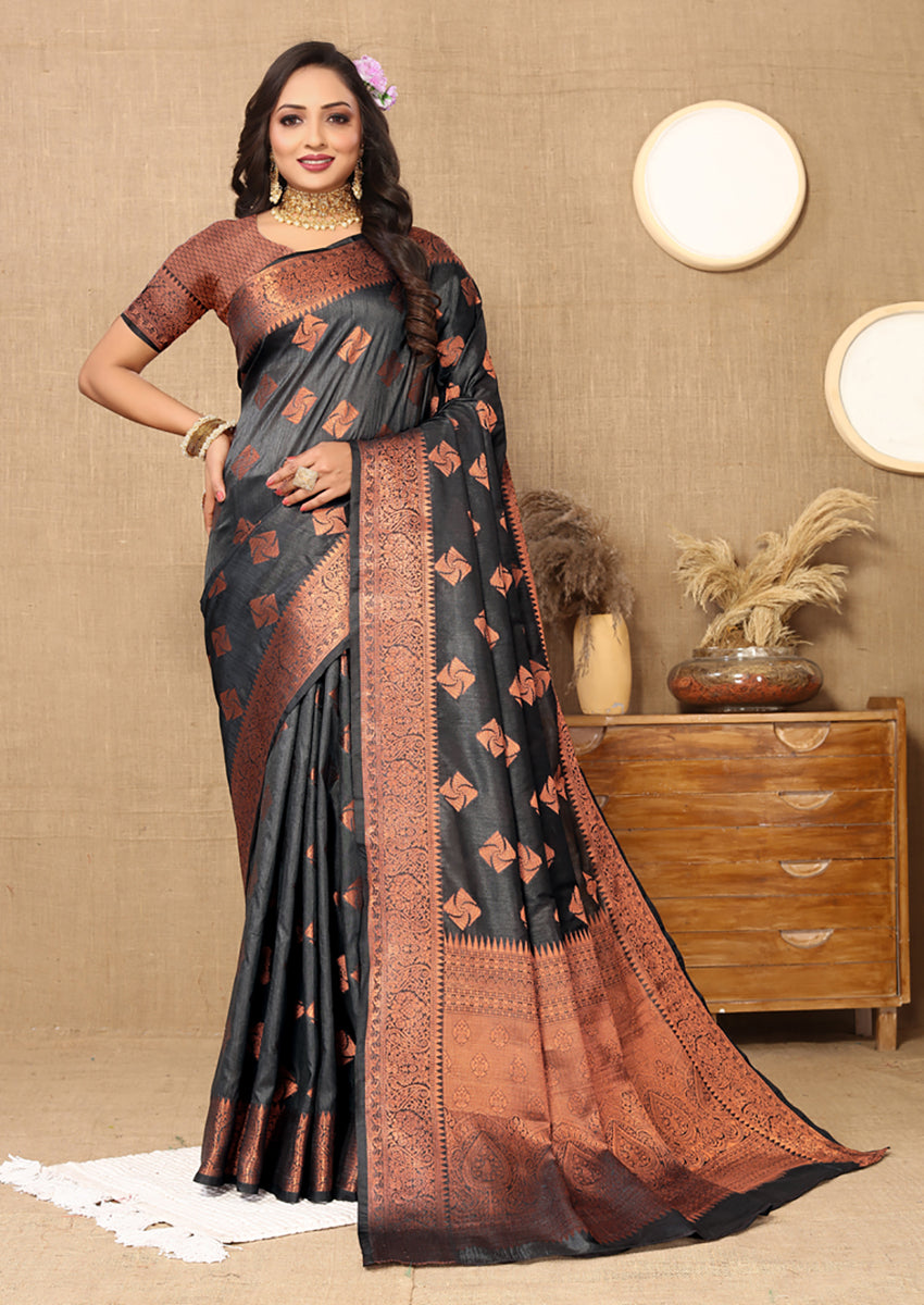 Lorenvalley Fashion Black Soft Katan Silk Woven Design Copper Zari Weaving Saree