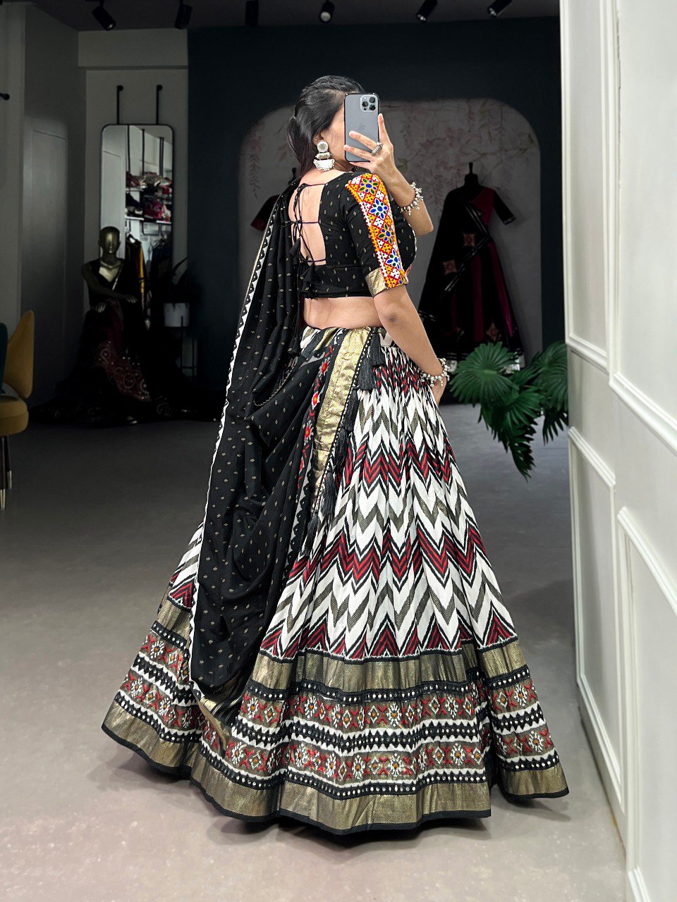 Lorenvalley Tussar Silk Black Leheriya Print with Foil Print and Paper Mirror Work Lace Lehenga Choli with Dupatta