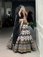 Lorenvalley Tussar Silk Black Leheriya Print with Foil Print and Paper Mirror Work Lace Lehenga Choli with Dupatta