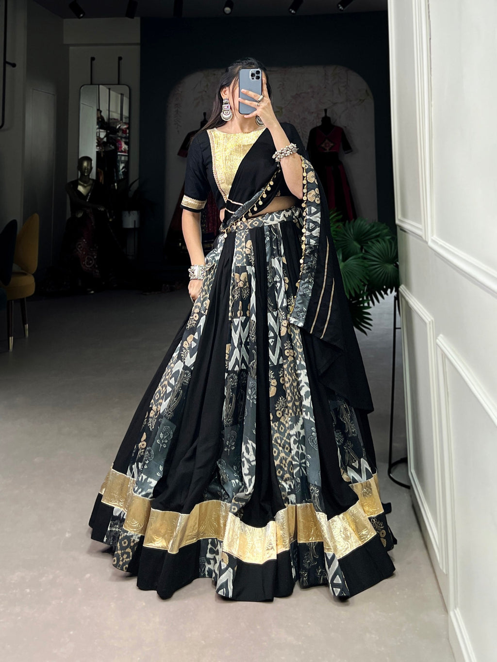 Lorenvalley Black Rayon and Tussar Silk Plain And Printed With Embossed Design Gota Lace Lehenga Choli with Dupatta