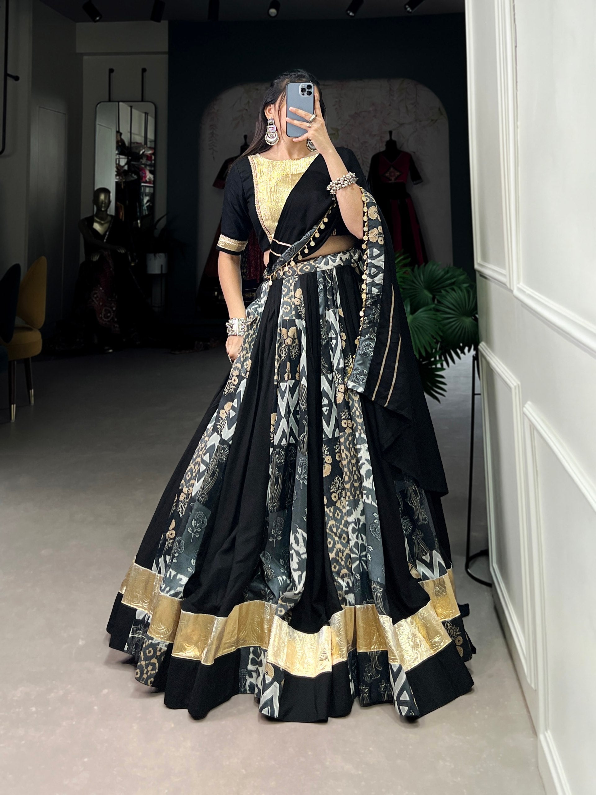 Lorenvalley Black Rayon and Tussar Silk Plain And Printed With Embossed Design Gota Lace Lehenga Choli with Dupatta