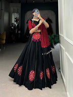 Lorenvalley Pure Black Cotton Plain And Gamthi Patch Work With Gota Patti Lehenga Choli with Dupatta