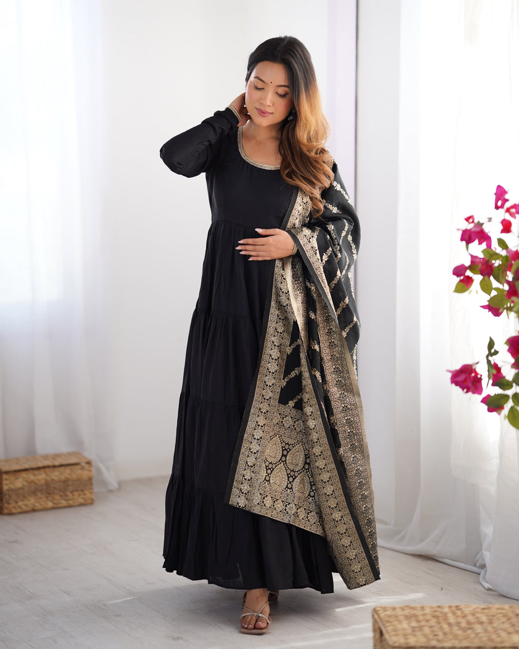 Lorenvalley Women Pure Roman silk Chanderi Fabric Layer Gathering Anarkali Kurta Pant With Dupatta Set