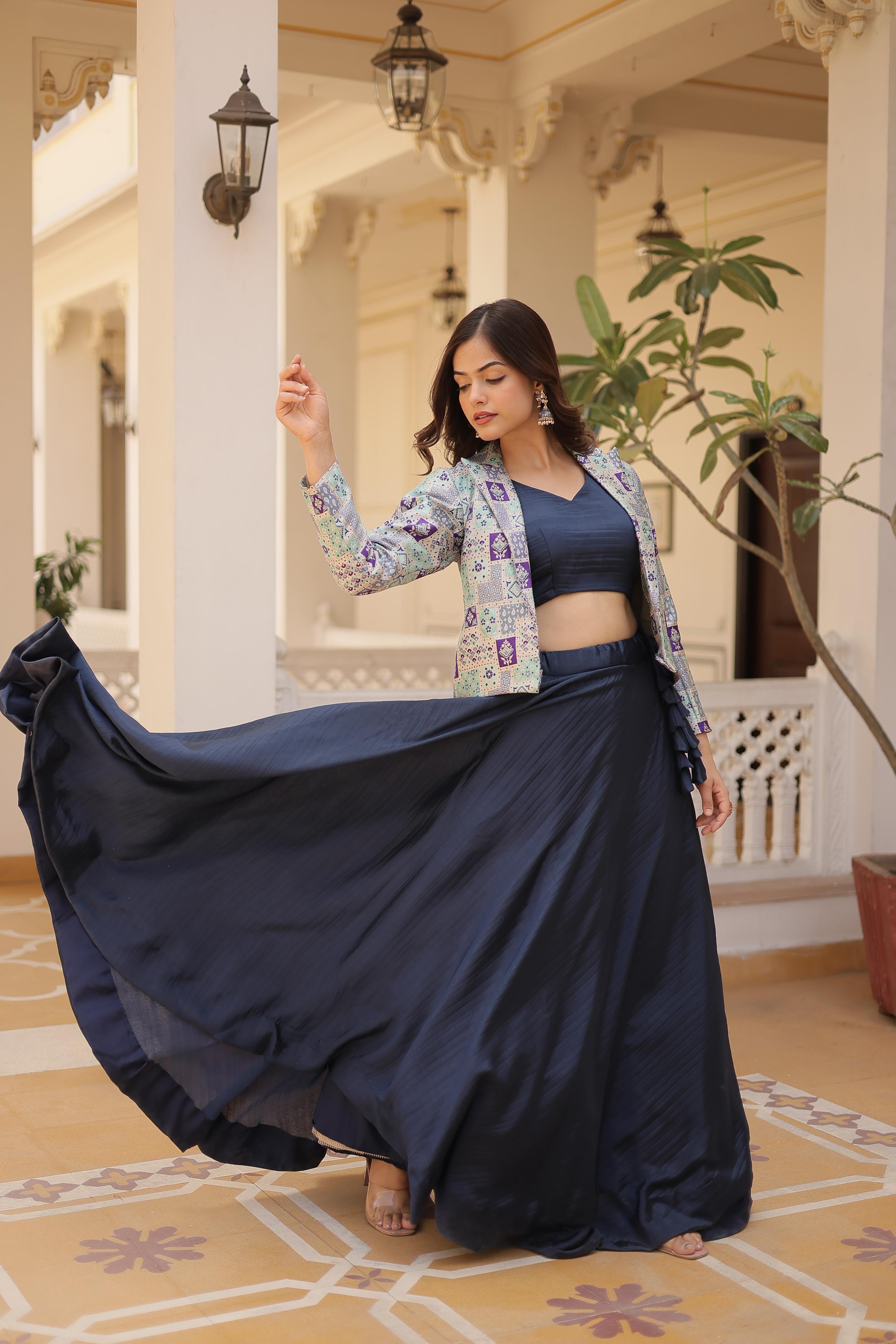 Lorenvalley Black Premium Chinnon Lehenga Choli with Jacquard Woven Design Koti