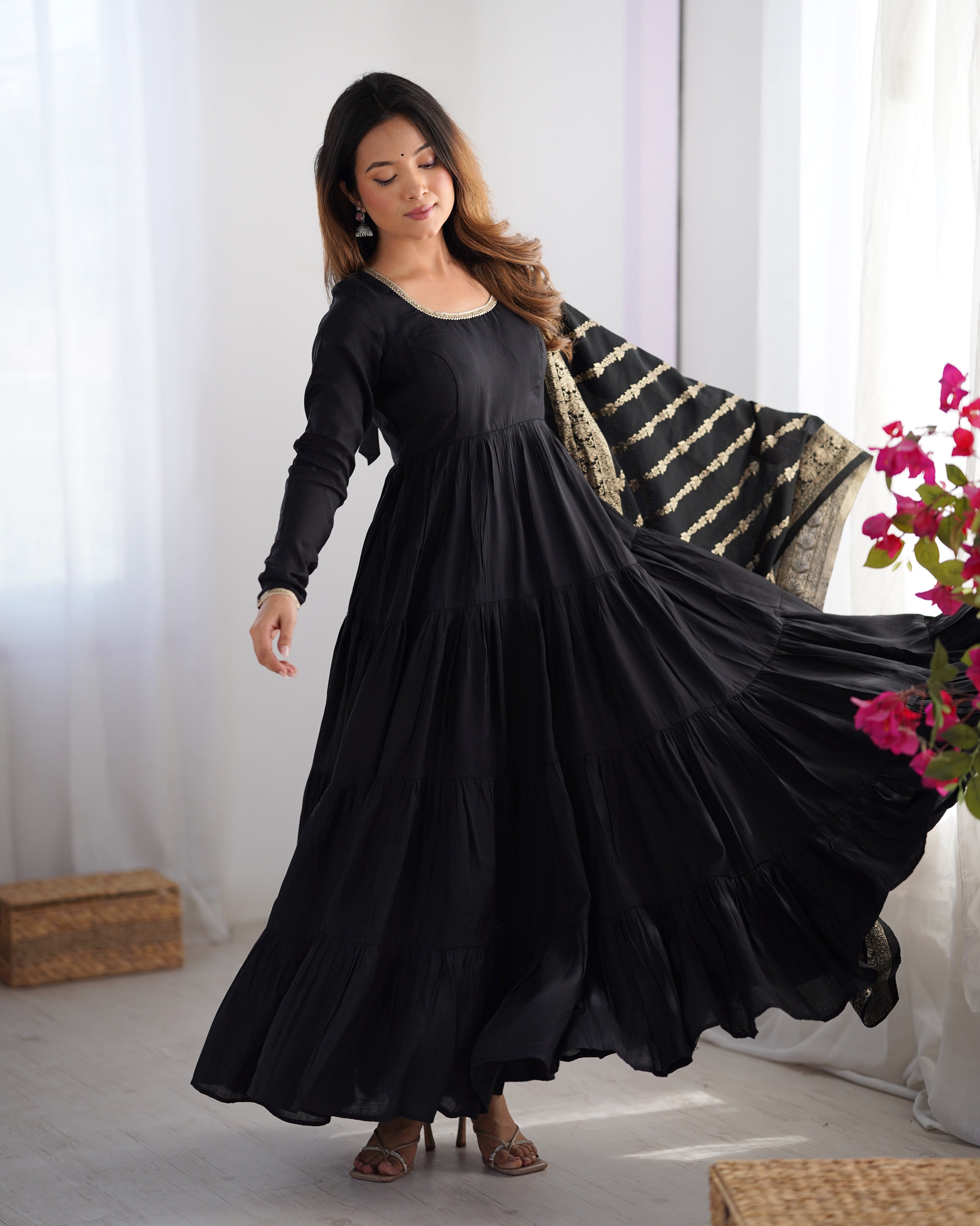Lorenvalley Women Pure Roman silk Chanderi Fabric Layer Gathering Anarkali Kurta Pant With Dupatta Set