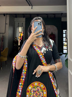 Lorenvalley Black Rayon With Printed Silk Original Mirror Gamthi Work Lehenga Choli With Dupatta