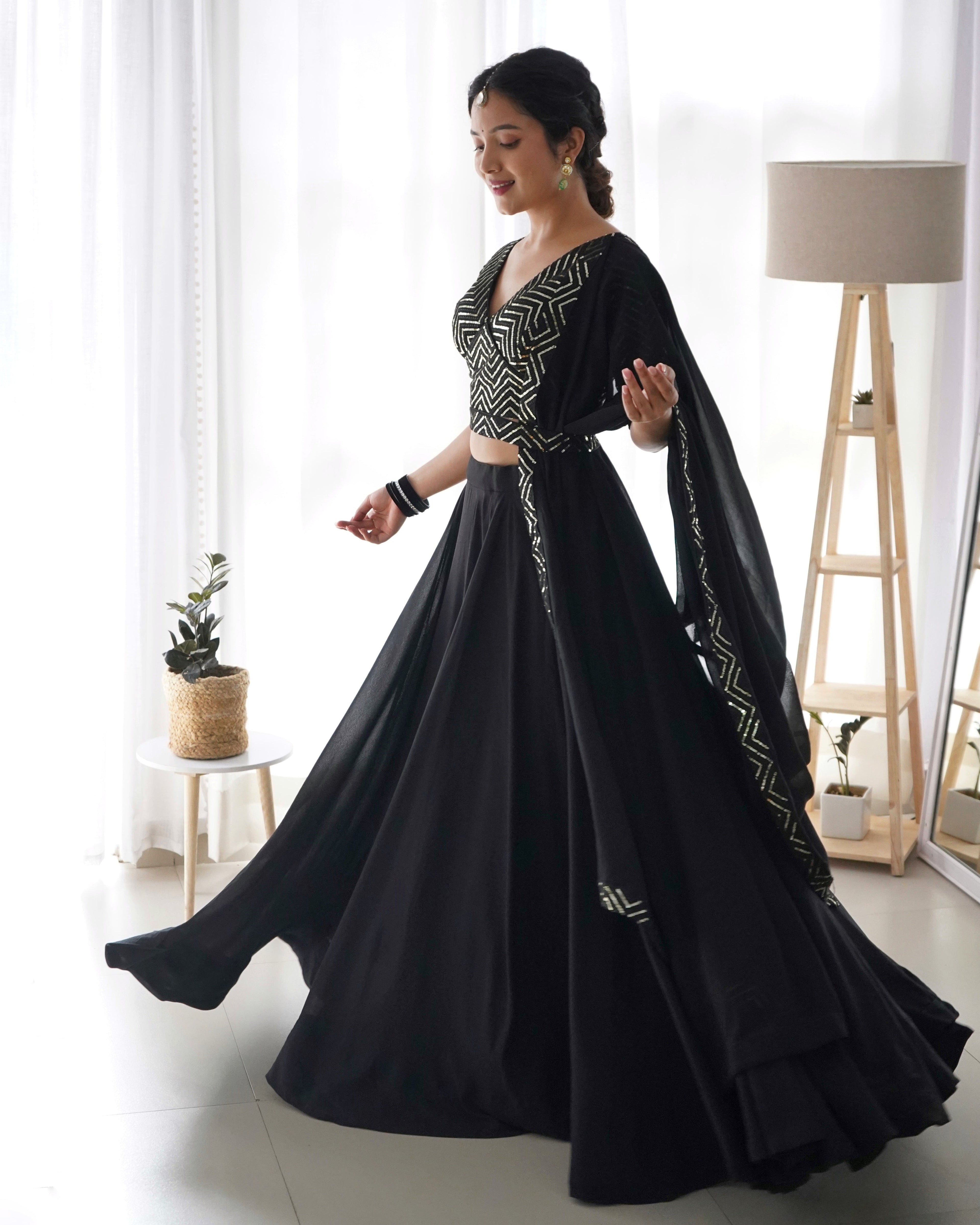 Lorenvalley Black Faux Georgette Plain Micro Cotton Full Inner with Canvas Patta Double Lining Lehenga Choli