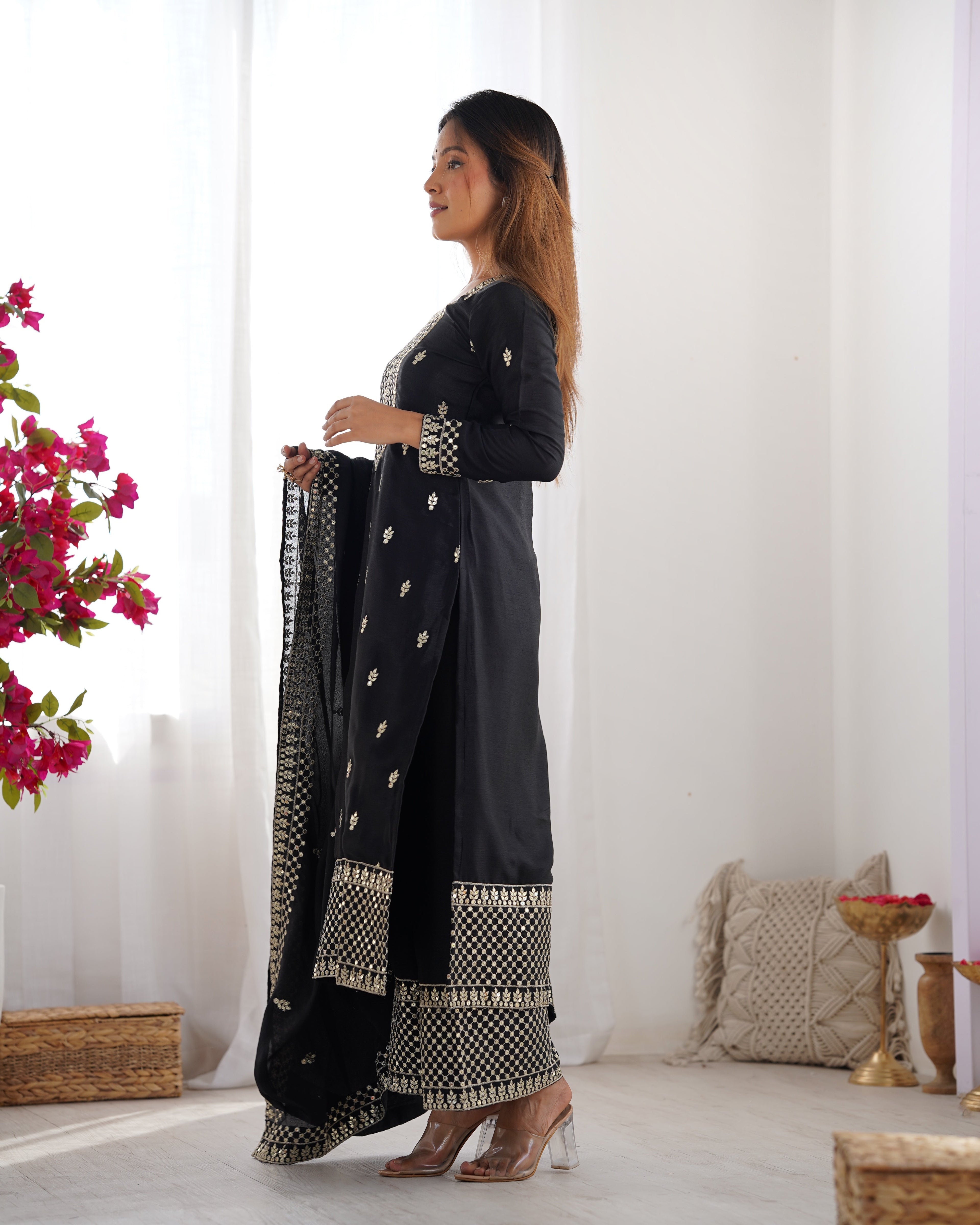 Lorenvalley Black Chinon Silk Embroidery Sequence and Jari Work Kurta Trousers with Dupatta Set - Distacart