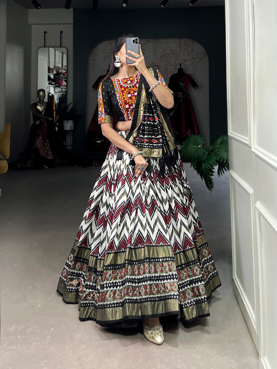 Lorenvalley Tussar Silk Black Leheriya Print with Foil Print and Paper Mirror Work Lace Lehenga Choli with Dupatta