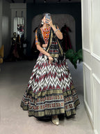 Lorenvalley Black Tussar Silk Leheriya Print with Foil Print and Paper Mirror Work Lace Lehenga Choli with Dupatta