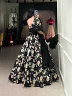 Lorenvalley Black Tussar Silk Floral Printed Lehenga Choli