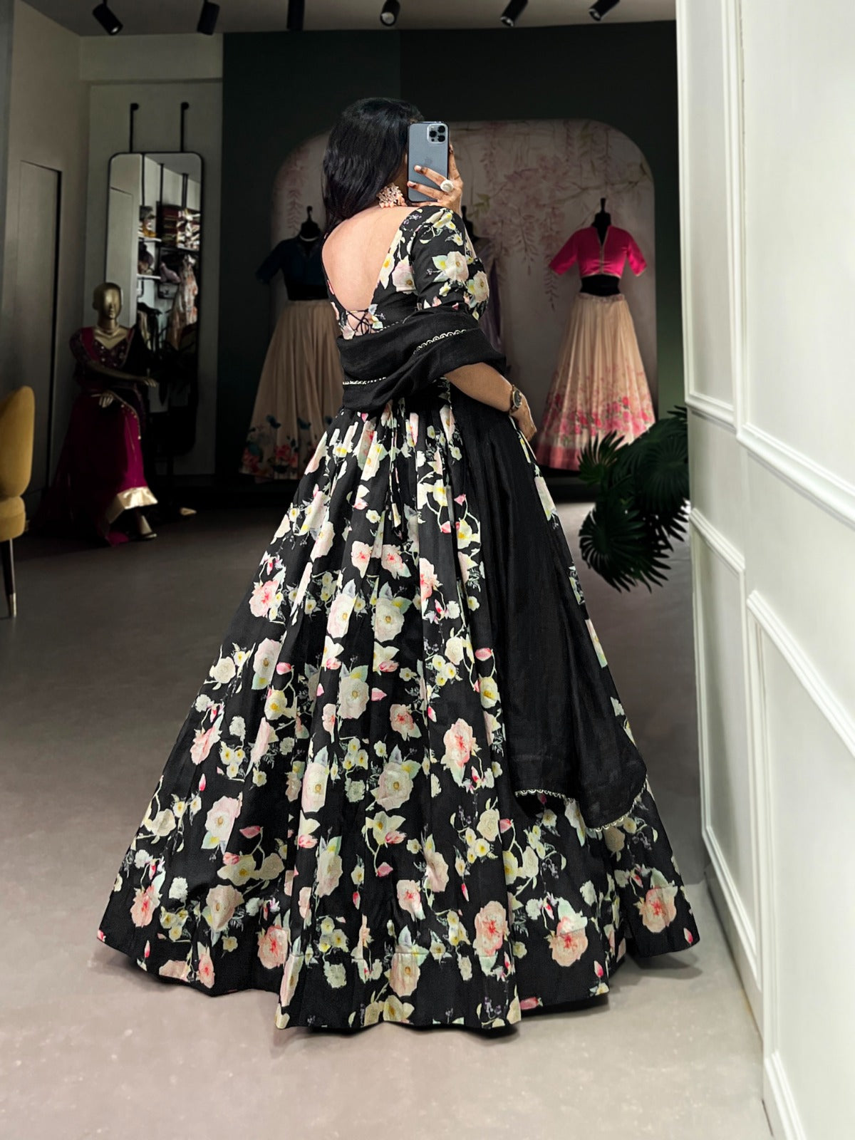 Lorenvalley Black Tussar Silk Floral Printed Lehenga Choli