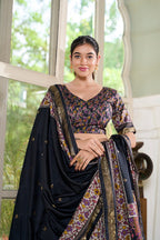 Lorenvalley Black Tussar Silk Floral Print with Foil Print Lehenga Choli with Dupatta