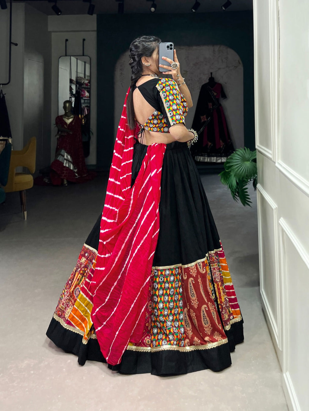 Lorenvalley Black Pure Rayon with Plain And Printed With Original Mirror Gamthi Work And Lace Touch Up Lehenga Choli