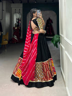 Lorenvalley Black Pure Rayon with Plain And Printed With Original Mirror Gamthi Work And Lace Touch Up Lehenga Choli