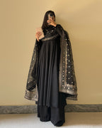 Lorenvalley Black Faux Georgette Yoke and Sleeve Potli Button Work Kurta Palazzo With Dupatta Set
