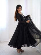 Lorenvalley Black Faux Georgette Fancy Embroidery Beads And Jari Work Anarkali Kurta Palazzo With Dupatta Set