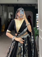 Lorenvalley Rayon and Tussar Silk Black Plain And Printed With Embossed Design Gota Lace Lehenga Choli with Dupatta