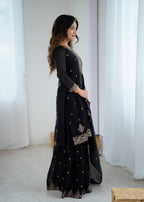 Lorenvalley Black Soft Crunchy Silk with Embroidery Sequence and Jari Work Kurta Palazzo with Dupatta