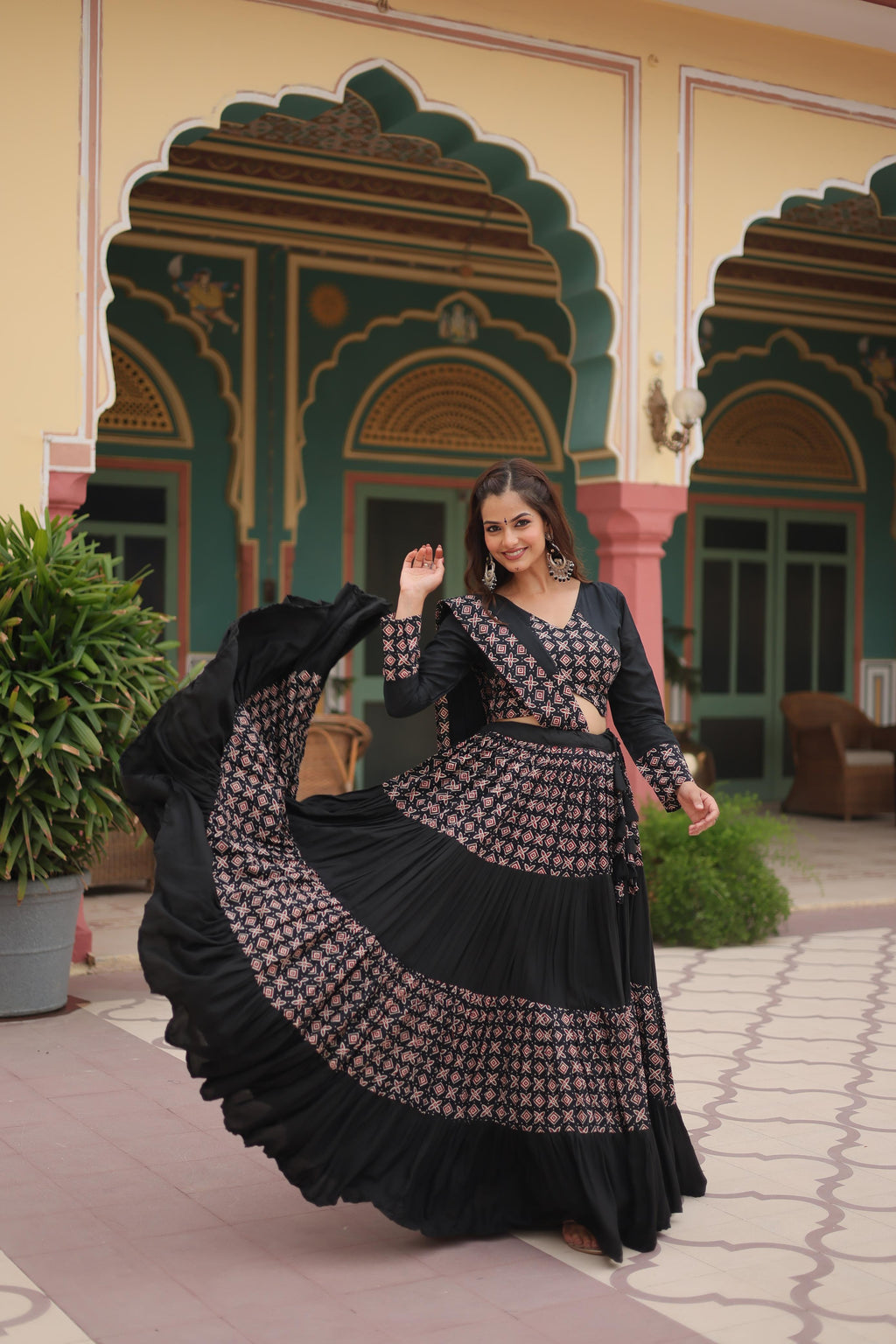 Lorenvalley Black Printed Rayon Navratri Collection Lehenga Choli with Dupatta