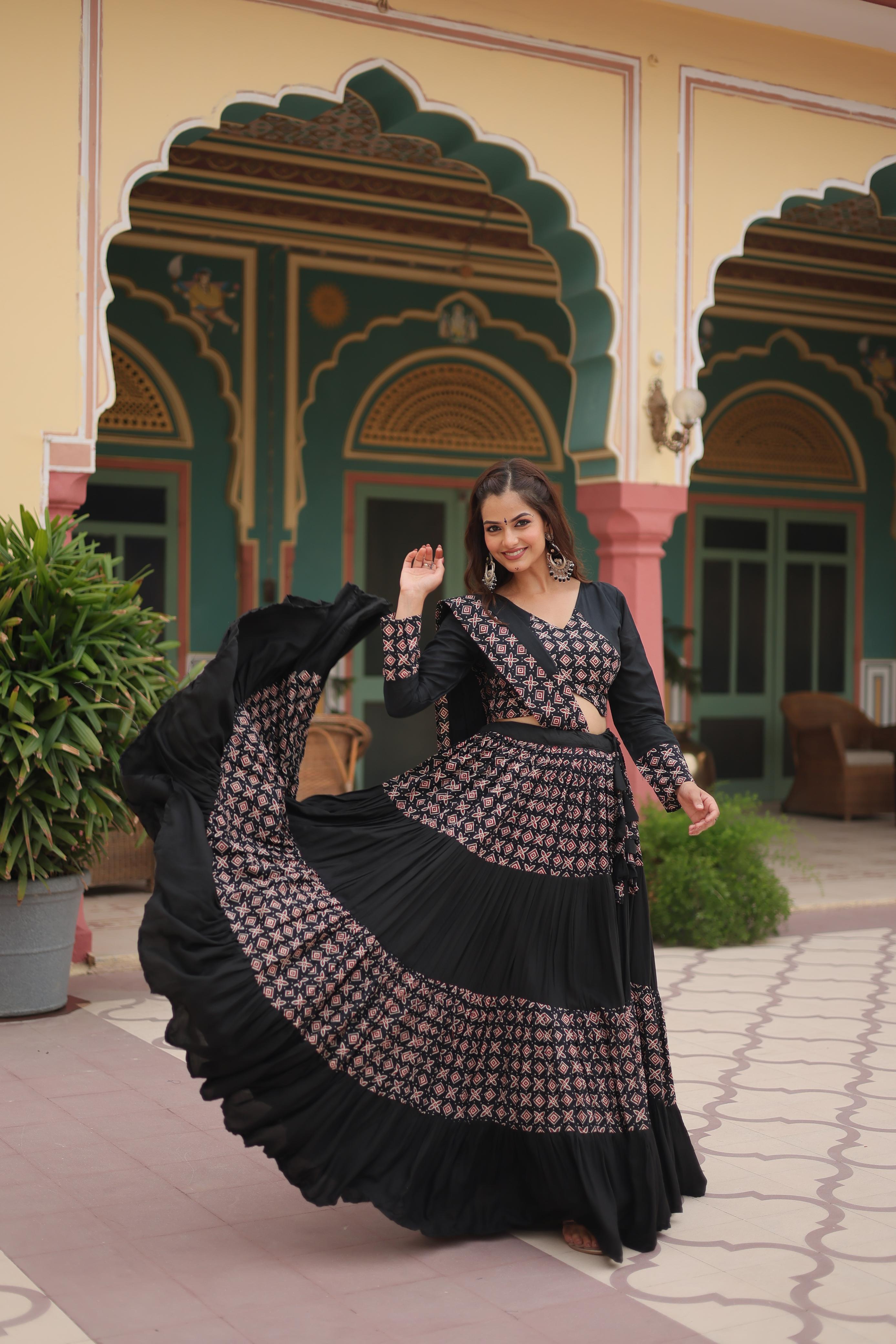 Lorenvalley Black Printed Rayon Navratri Collection Lehenga Choli with Dupatta