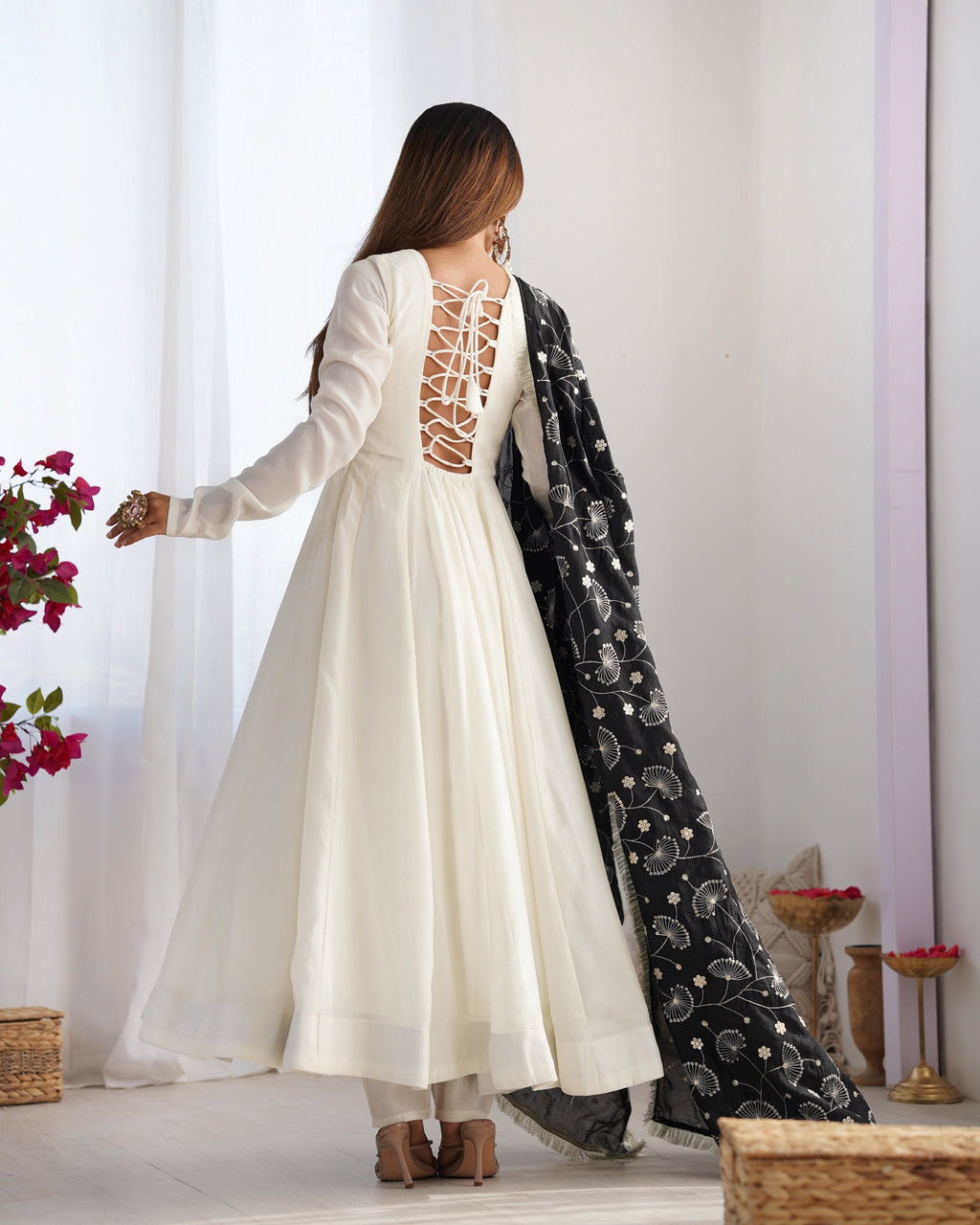Lorenvalley Fashion White Vichitra Silk Fabric Fully Flared Anarkali Pant With Dupatta Set