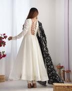 Lorenvalley Fashion White Vichitra Silk Fabric Fully Flared Anarkali Pant With Dupatta Set