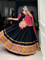Lorenvalley Black Pure CottonPlain And Original Mirror Gamthi Work Lace Border Lehenga Choli with Dupatta