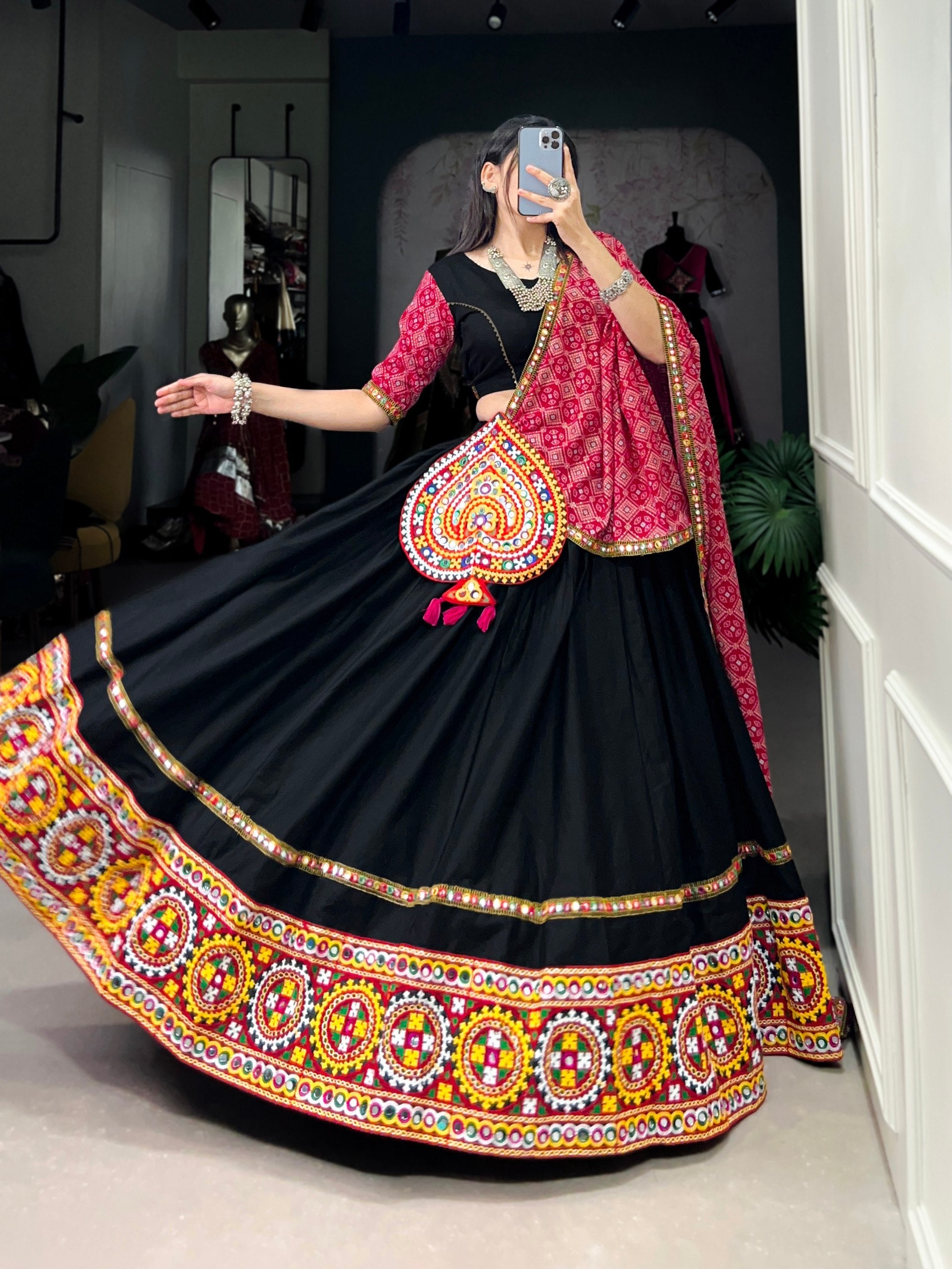 Lorenvalley Black Pure CottonPlain And Original Mirror Gamthi Work Lace Border Lehenga Choli with Dupatta