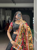 Lorenvalley Fashion Black Tasar Silk Print with Foil Work and Real Mirror Gamthi Work with Lace Touch Up Lehenga Choli with Dupatta