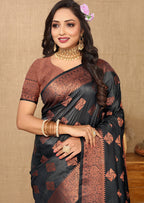 Lorenvalley Fashion Black Soft Katan Silk Woven Design Copper Zari Weaving Saree