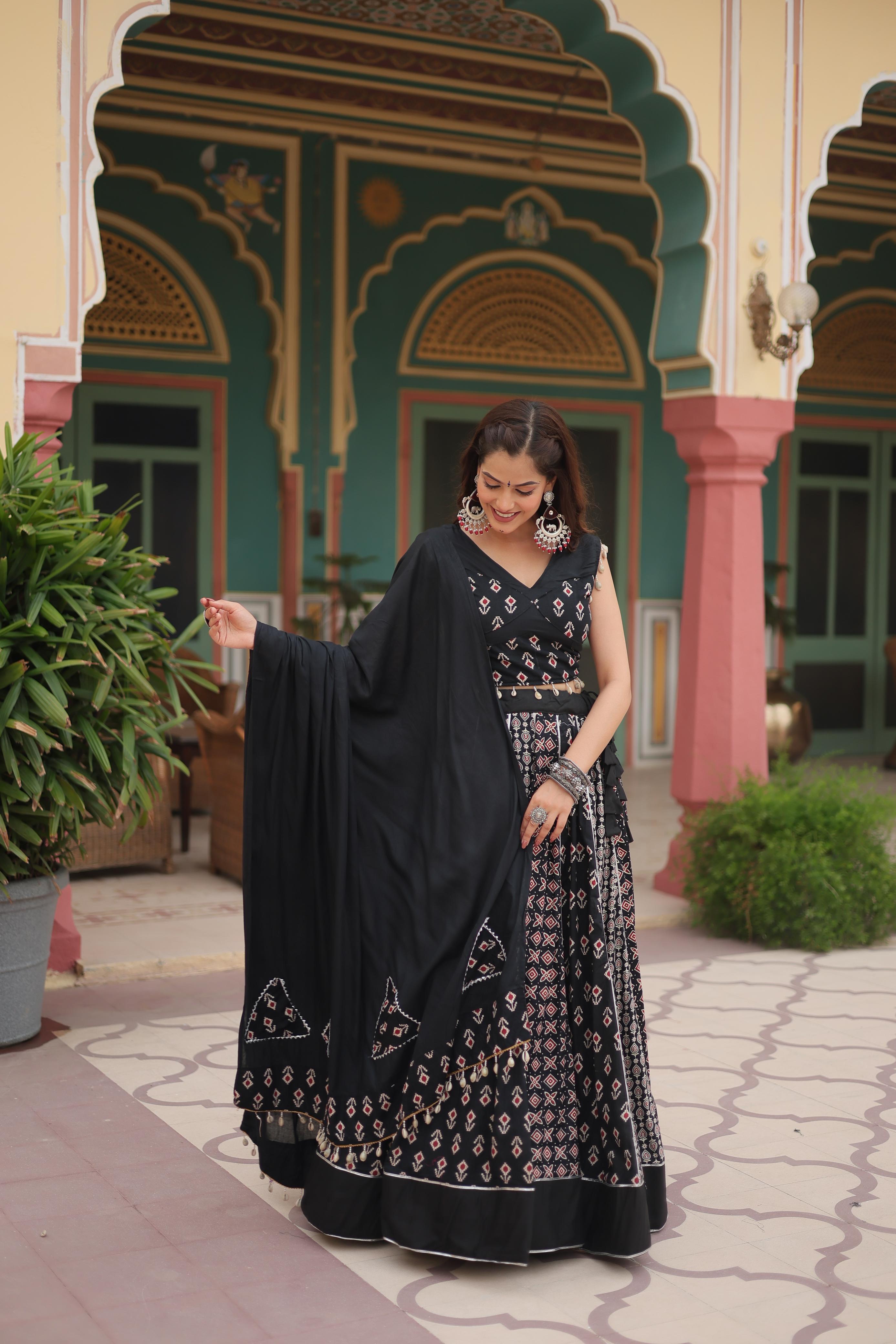 Lorenvalley Black Rayon Gota Patti Lace Printed Kali Pattern Lehenga Choli with Dupatta