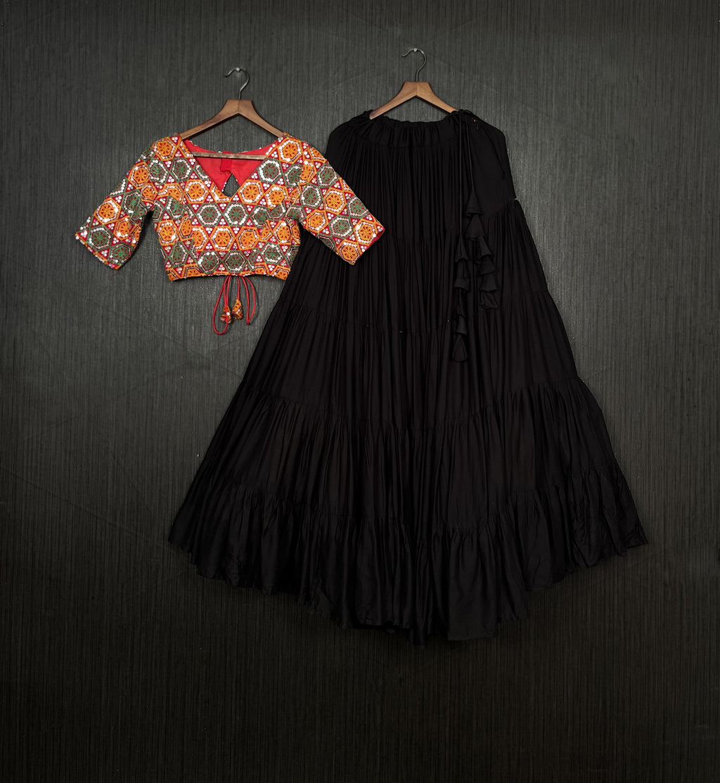 Lorenvalley Black Premium Rayon Lehenga with Georgette Embroidered Traditional Thread work Choli