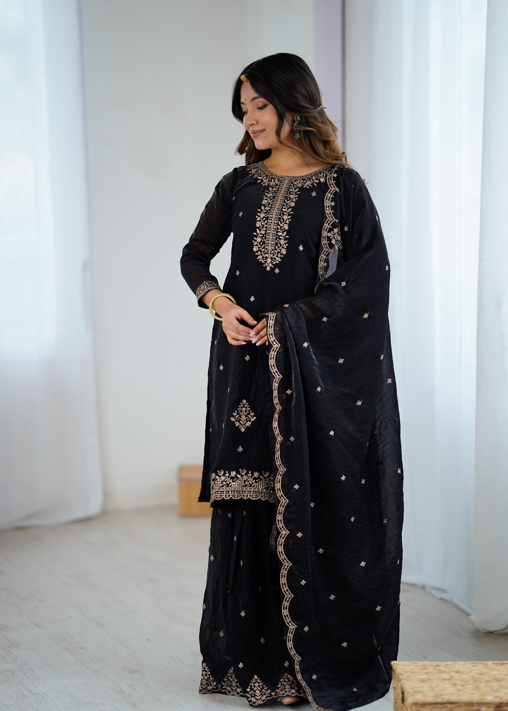 Lorenvalley Black Soft Crunchy Silk with Embroidery Sequence and Jari Work Kurta Palazzo with Dupatta