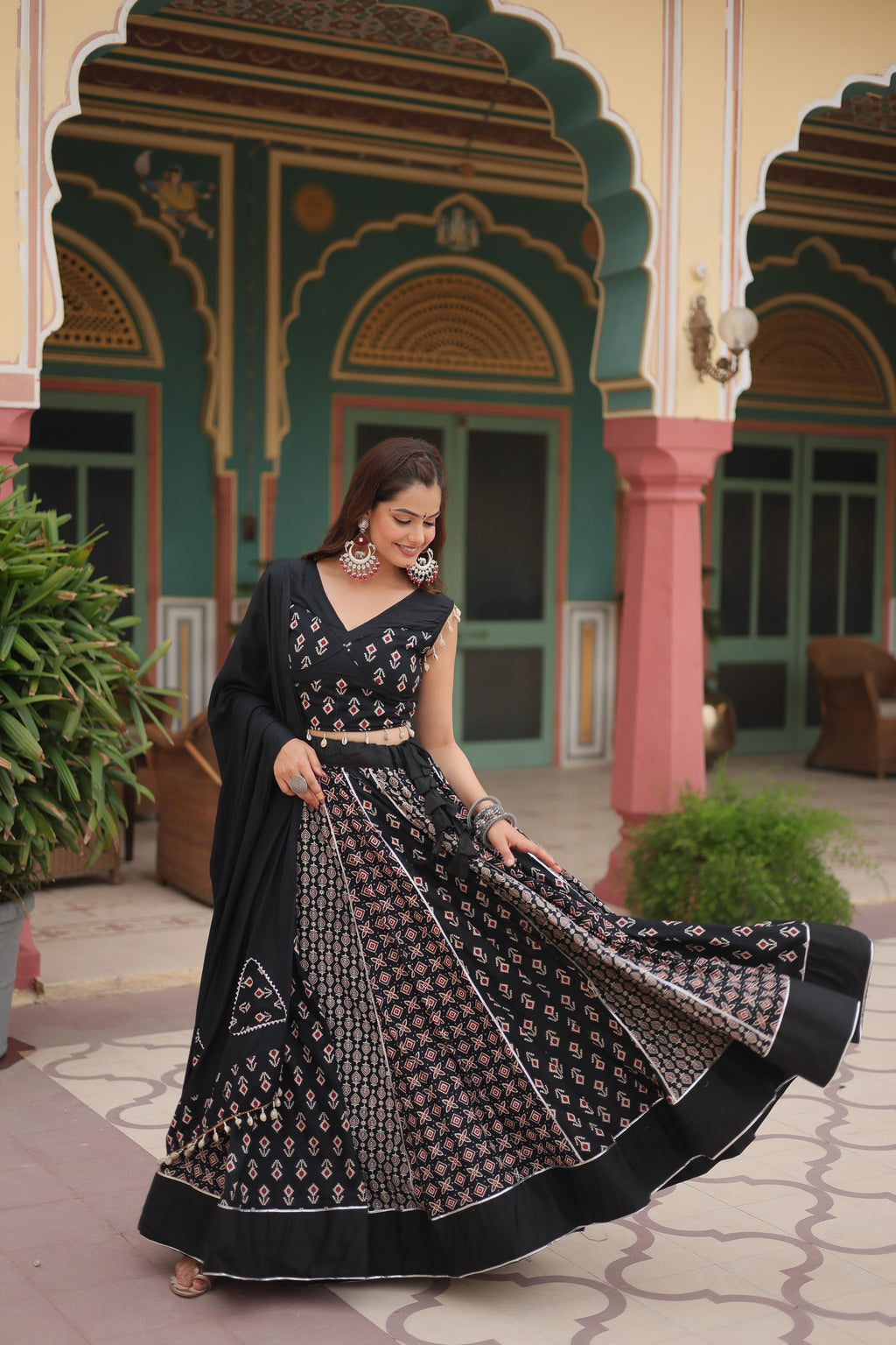 Lorenvalley Black Rayon Gota Patti Lace Printed Kali Pattern Lehenga Choli with Dupatta