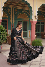 Lorenvalley Black Rayon Gota Patti Lace Printed Kali Pattern Lehenga Choli with Dupatta