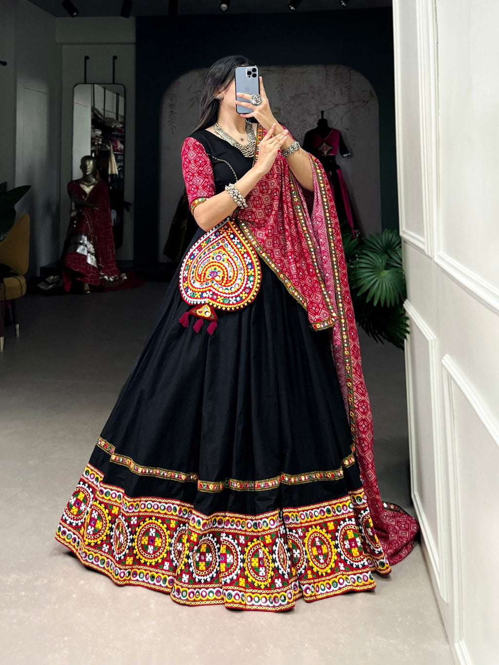 Lorenvalley Black Pure CottonPlain And Original Mirror Gamthi Work Lace Border Lehenga Choli with Dupatta