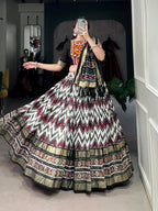 Lorenvalley Tussar Silk Black Leheriya Print with Foil Print and Paper Mirror Work Lace Lehenga Choli with Dupatta