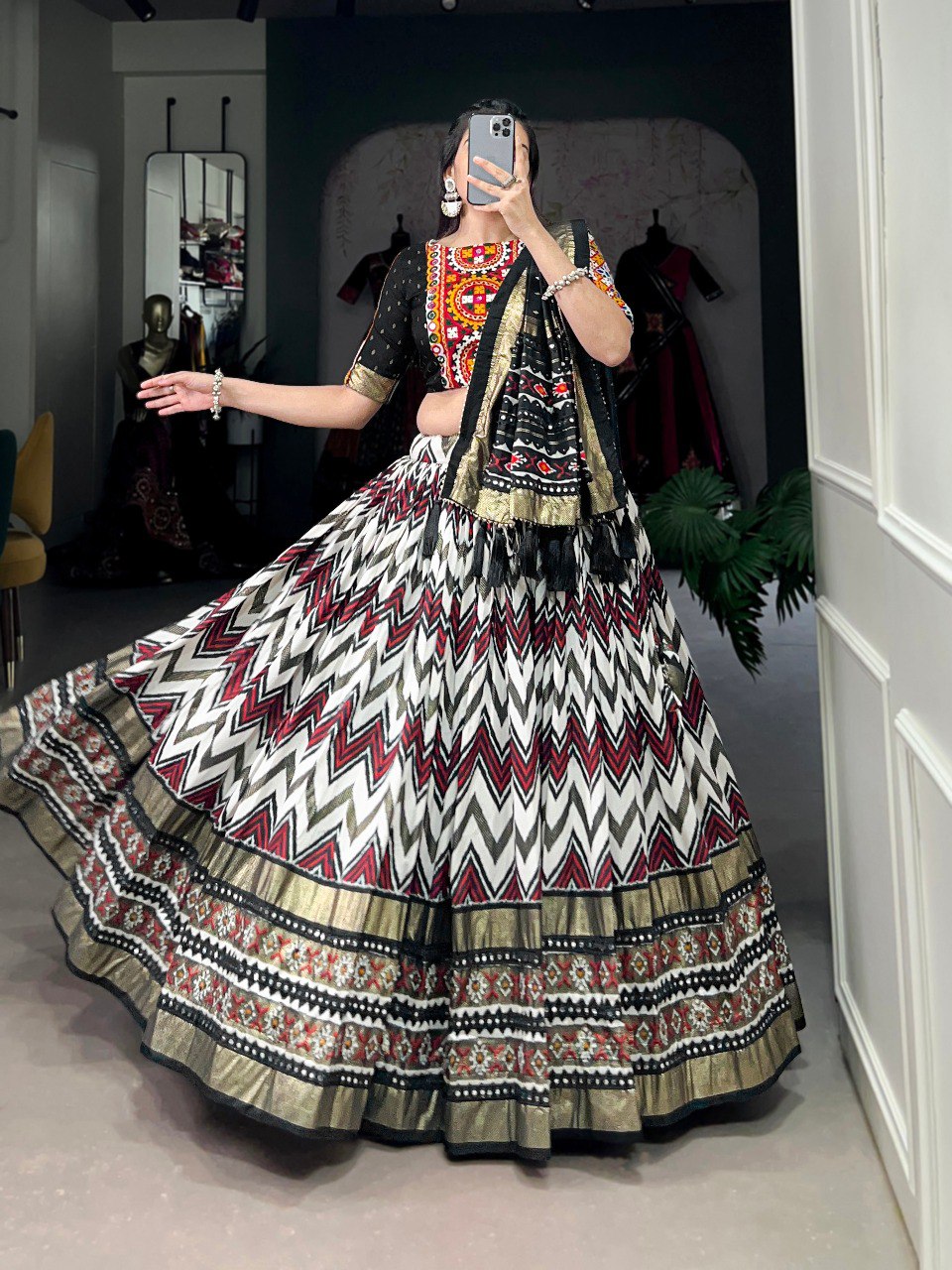 Lorenvalley Tussar Silk Black Leheriya Print with Foil Print and Paper Mirror Work Lace Lehenga Choli with Dupatta