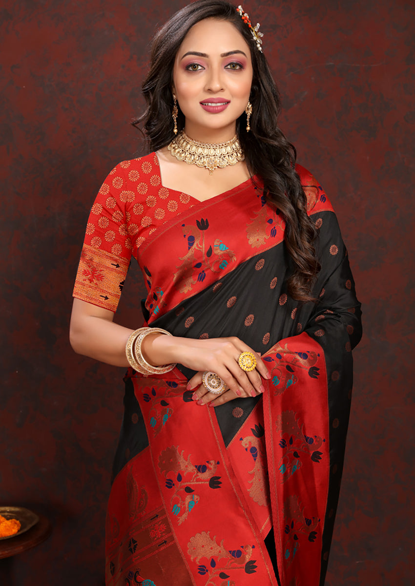 Lorenvalley Fashion Black Soft Paithani Silk Woven Design Rich Zari Meenakari Weaving Saree