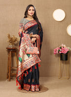 Lorenvalley Fashion Black Soft Paithani Silk Woven Design Rich Meenakari Zari Weaving Pallu Saree