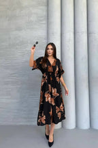 Pimu Front Slit Midi Dresses V-neck Designs For Women Party Wear - Black