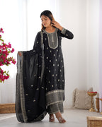 Lorenvalley Black Chinon Silk Embroidery Sequence and Jari Work Kurta Trousers with Dupatta Set - Distacart