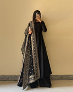 Lorenvalley Black Faux Georgette Yoke and Sleeve Potli Button Work Kurta Palazzo With Dupatta Set