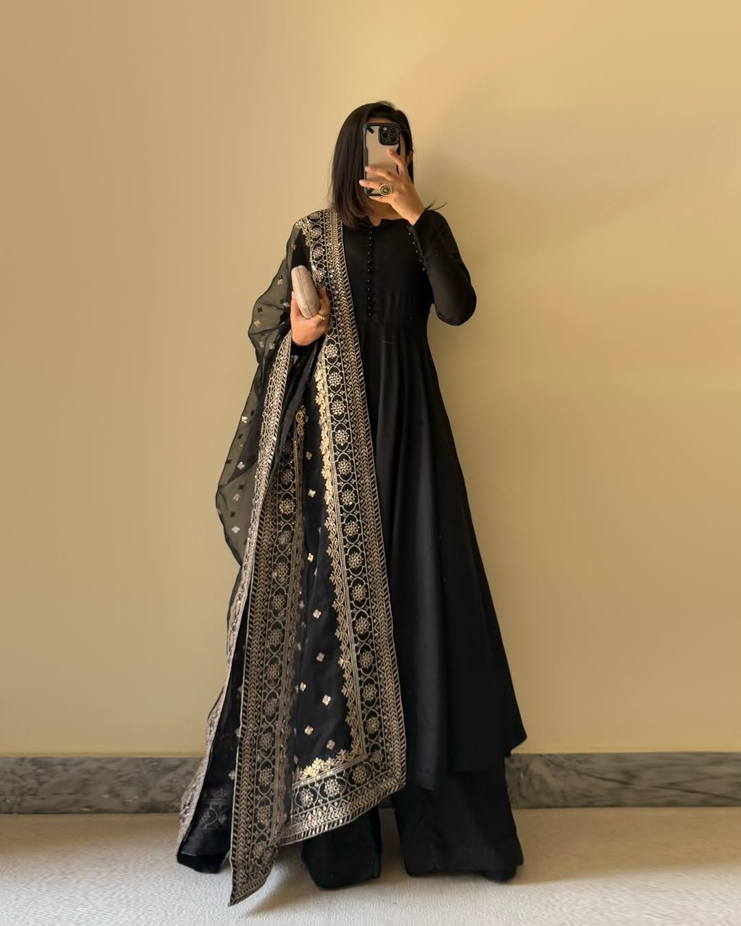 Lorenvalley Black Faux Georgette Yoke and Sleeve Potli Button Work Kurta Palazzo With Dupatta Set