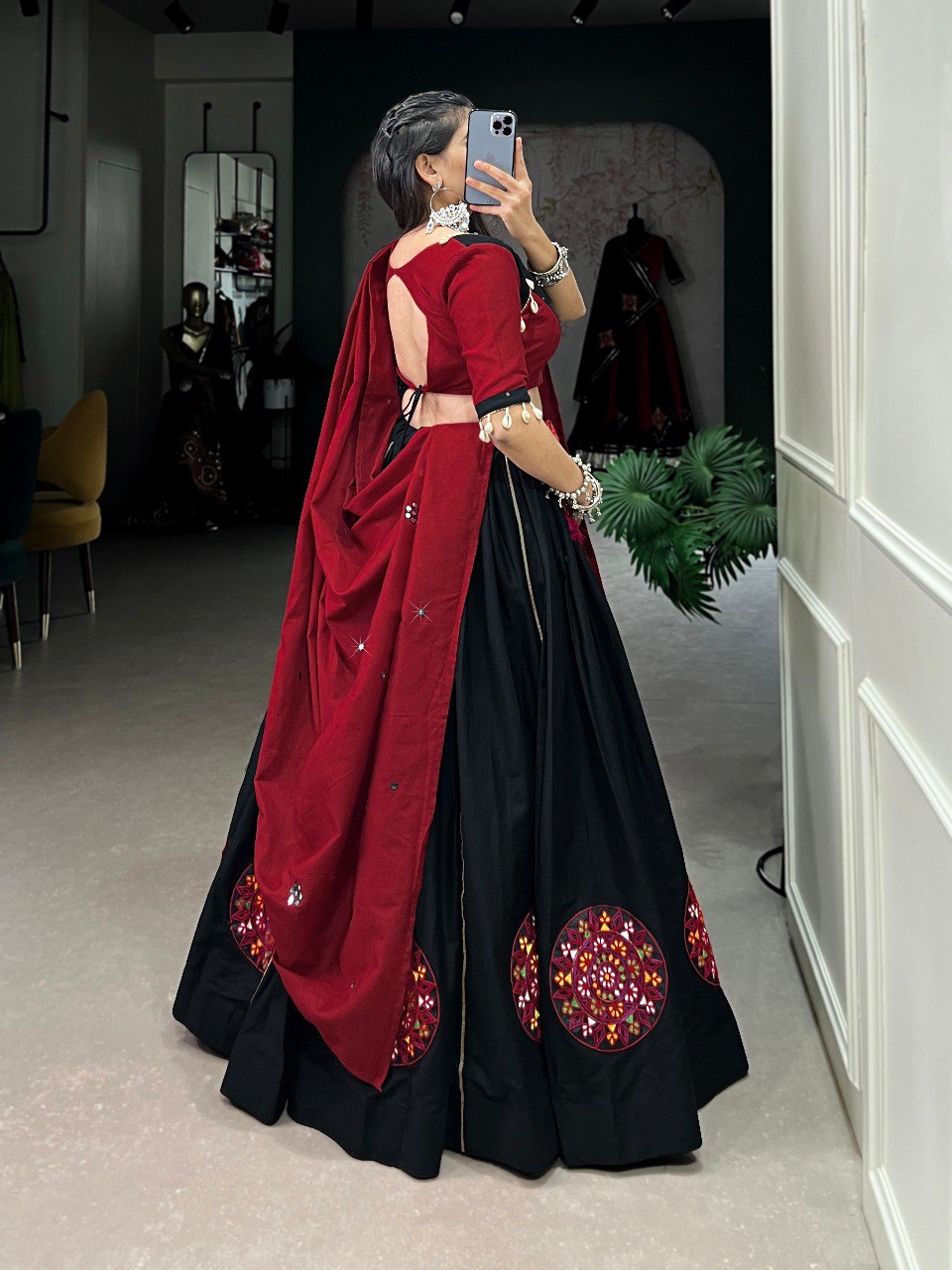 Lorenvalley Black Pure Cotton Plain And Gamthi Patch Work With Gota Patti Lehenga Choli with Dupatta