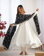 Lorenvalley Fashion White Vichitra Silk Fabric Fully Flared Anarkali Pant With Dupatta Set