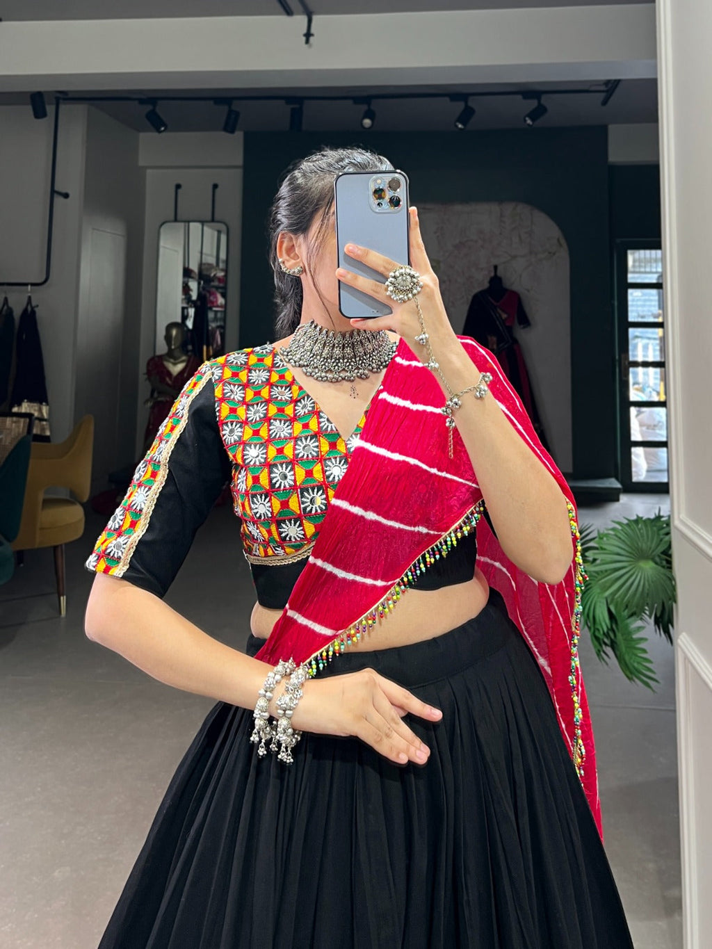 Lorenvalley Black Pure Rayon with Plain And Printed With Original Mirror Gamthi Work And Lace Touch Up Lehenga Choli
