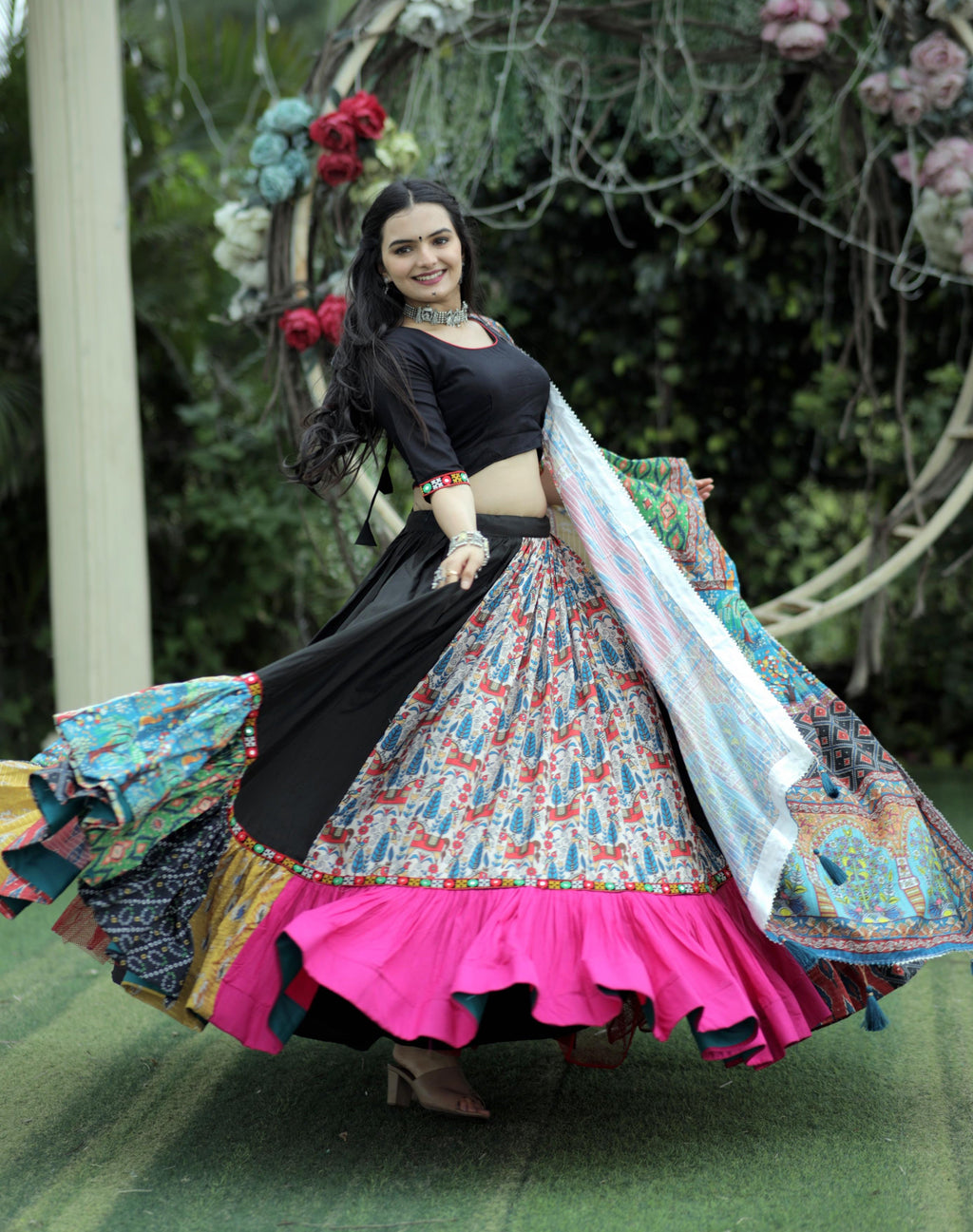 Lorenvalley Black Premium Rayon Lehenga with Choli with Digital Printed with Gotta Patti Lace Border Dupatta Set