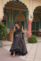 Lorenvalley Black Rayon Gota Patti Lace Printed Kali Pattern Lehenga Choli with Dupatta